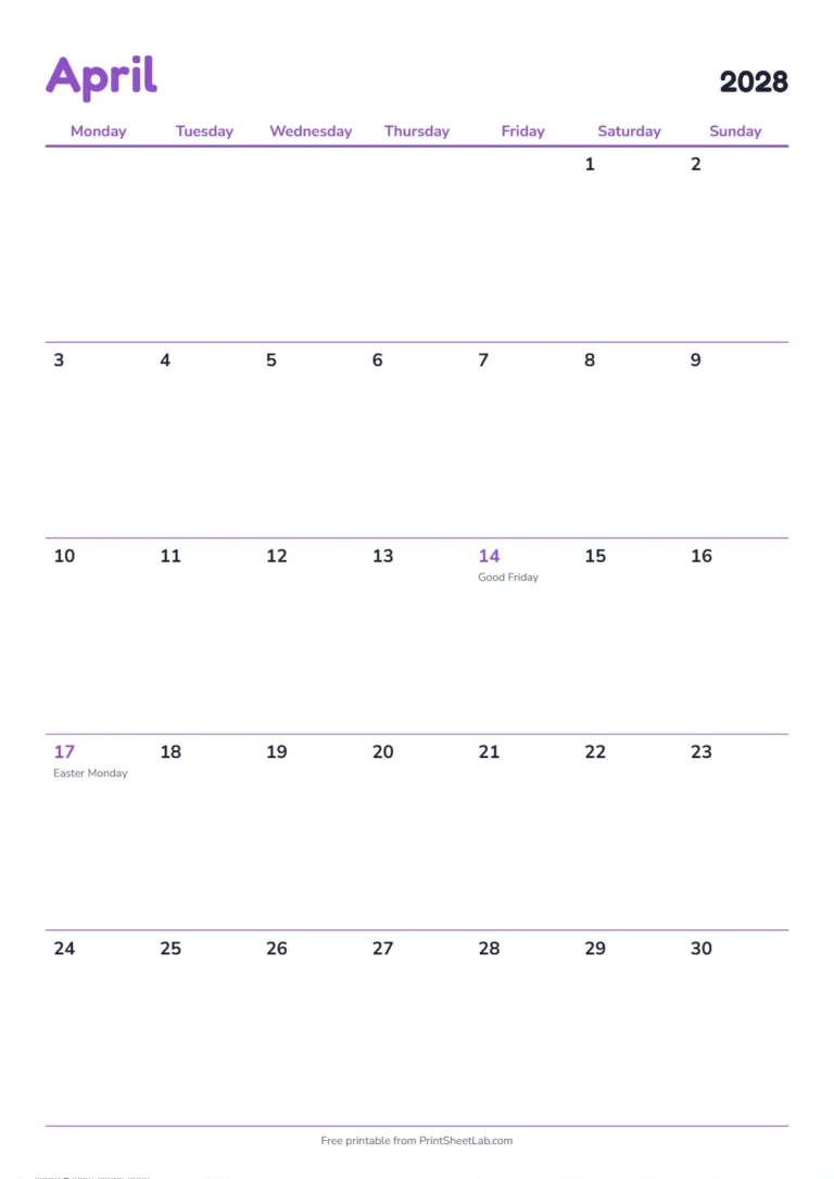 April 2028 calendar with holidays: Monday start on A4 with UK bank holidays