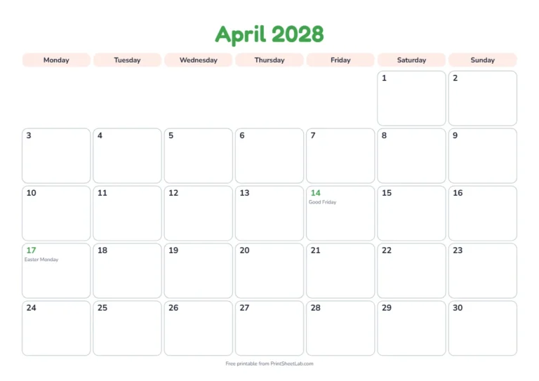 April 2028 calendar with UK Good Friday and Easter Monday bank holidays marked