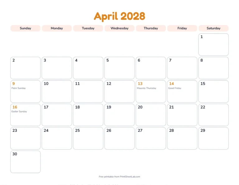 April 2028 calendar with Holy Week and Easter 2028 marked