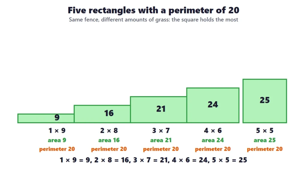 Area and perimeter: five rectangles that all have a perimeter of 20 with areas from 9 to 25