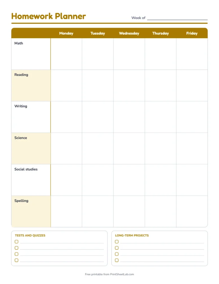 Assignment planner printable with tests and long-term projects in mustard