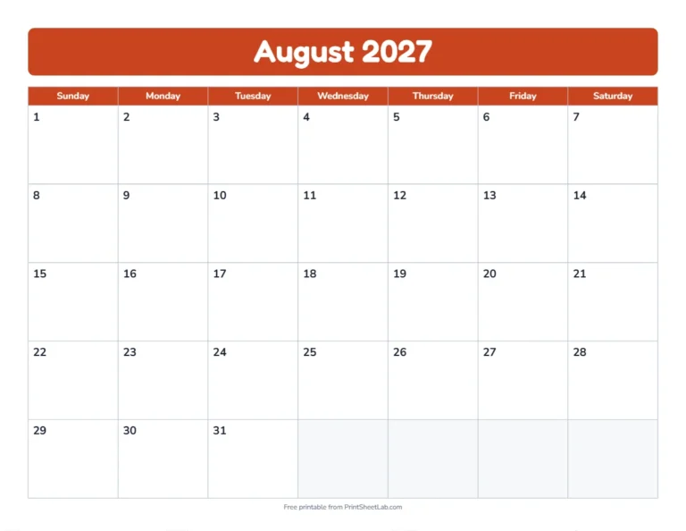 August 2027 calendar in the bold band design with big day boxes