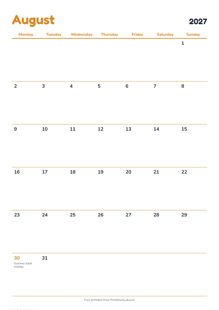 August 2027 calendar with holidays: Monday start on A4 with UK bank holidays
