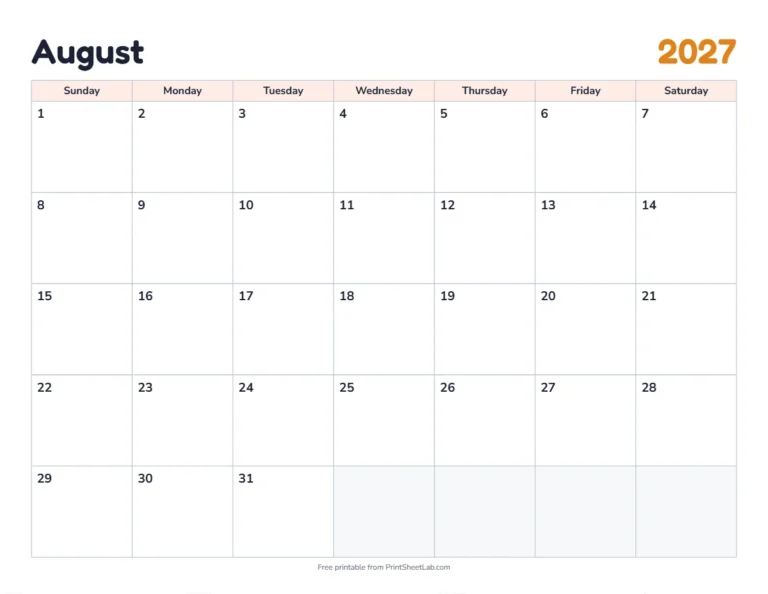 August 2027 calendar printable with US holidays in the classic design