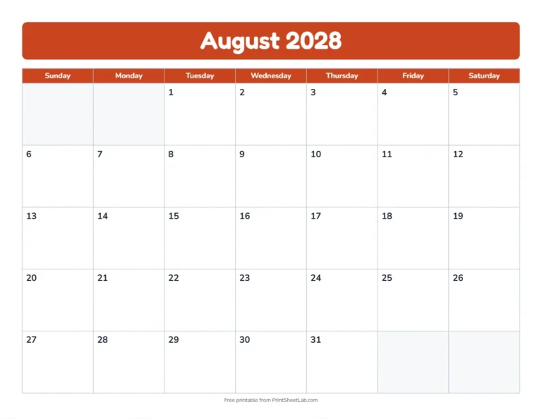 August 2028 calendar in the bold band design with big day boxes