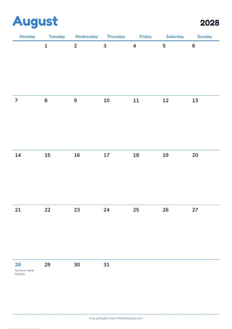 August 2028 calendar with holidays: Monday start on A4 with UK bank holidays