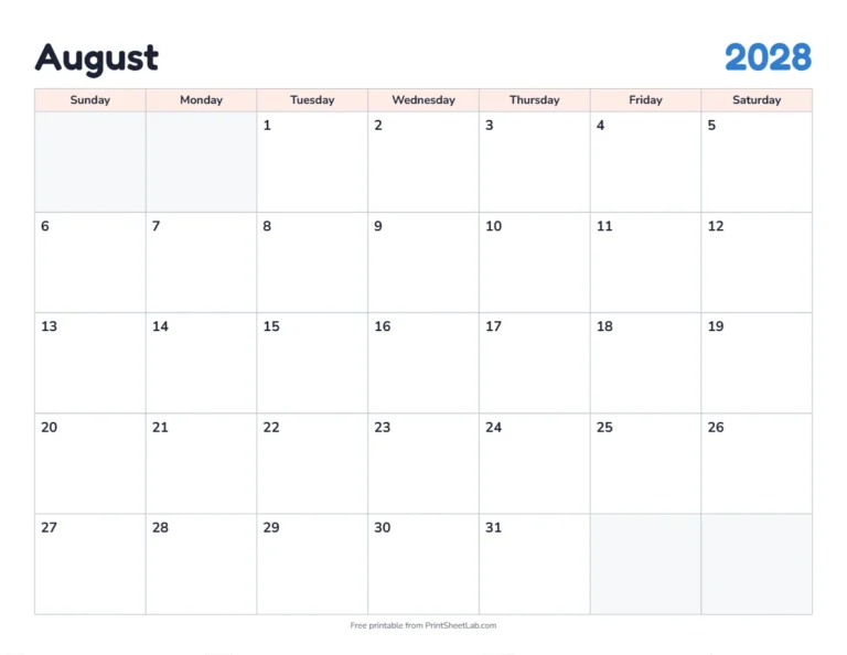 August 2028 calendar printable with US holidays in the classic design