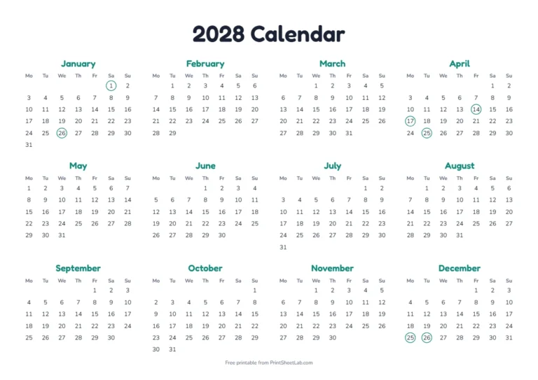 Australia public holidays 2028 calendar: year at a glance with national holidays marked