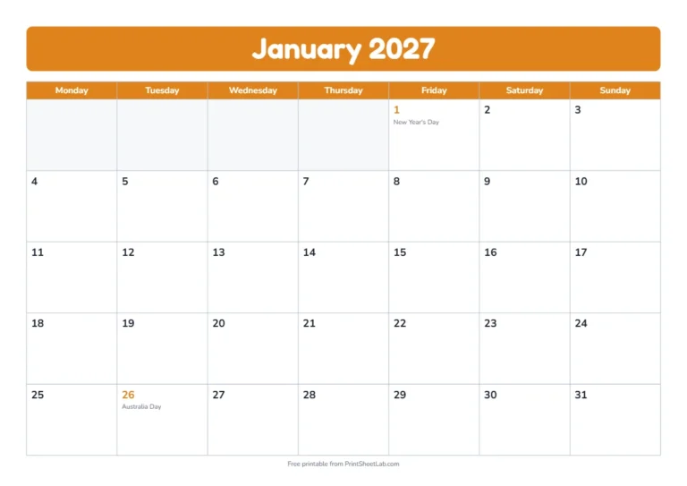 Australian holidays 2027 printable calendar with 12 months