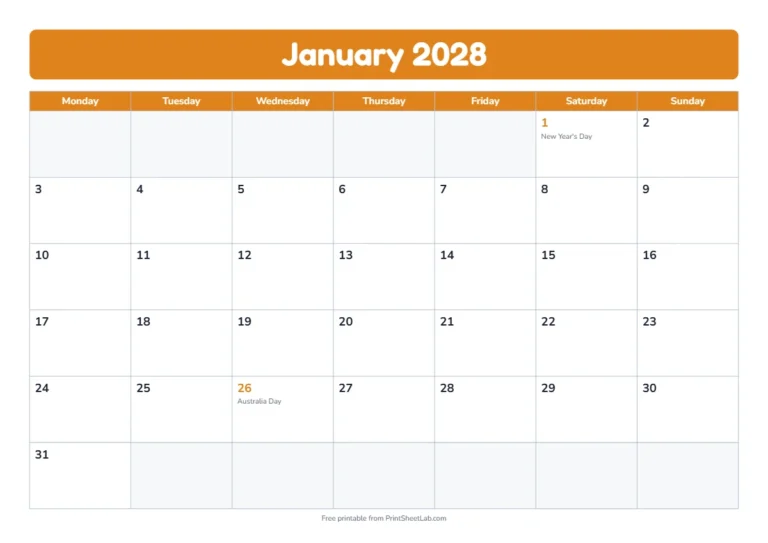 Australian holidays 2028 printable calendar with 12 months