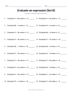 Evaluate an expression (Set B) printable worksheet for grade 6