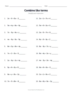 combining like terms worksheet