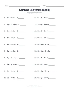 Combine like terms (Set B) printable worksheet for grade 7