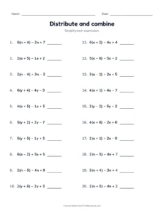 Distribute and combine printable worksheet for grades 7 and 8