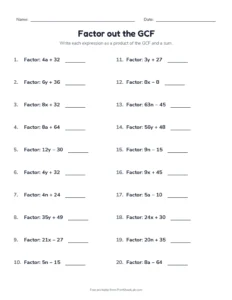 algebra worksheets: factor out the GCF