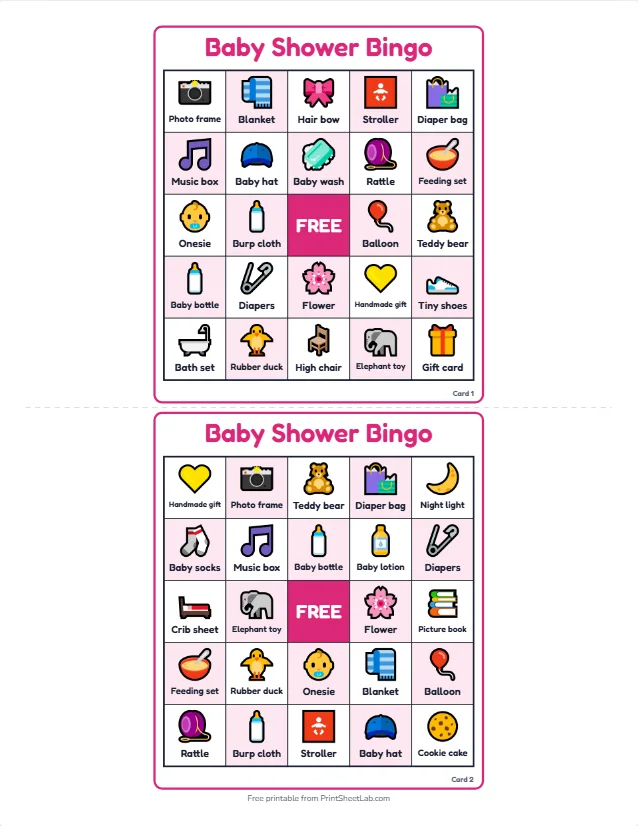 Two printable baby shower bingo cards with baby item squares, a free center and a different arrangement on each card