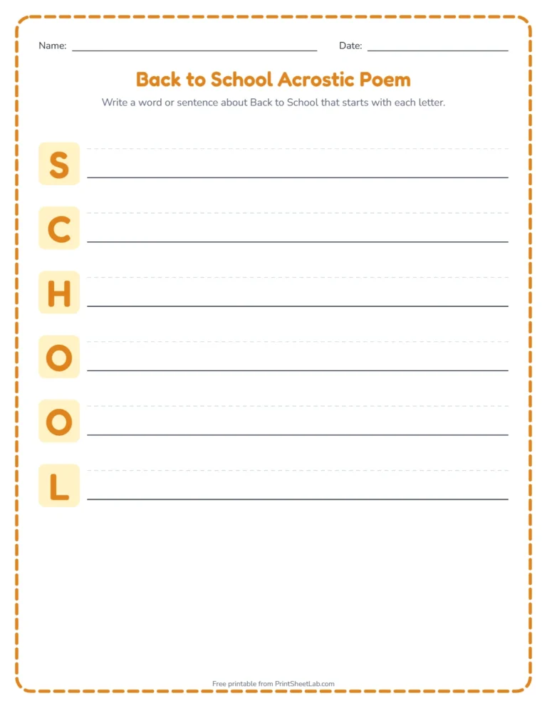Back to school acrostic poem worksheet: write a word for each letter of SCHOOL