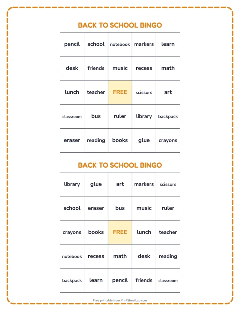 Back to school bingo printable: two different bingo cards with back to school words