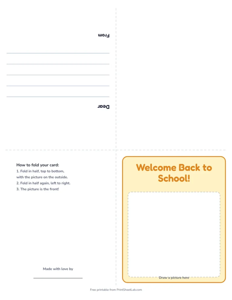 Back to school card printable: a fold-up greeting card that says Welcome Back to School!