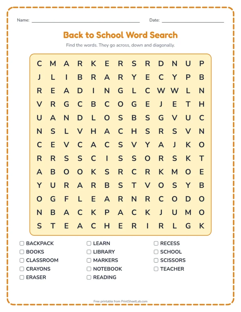 Back to school worksheets: word search printable with back to school words and a word list