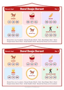 Band Baaja Baraat Tambola picture tambola tickets with themed prize sections