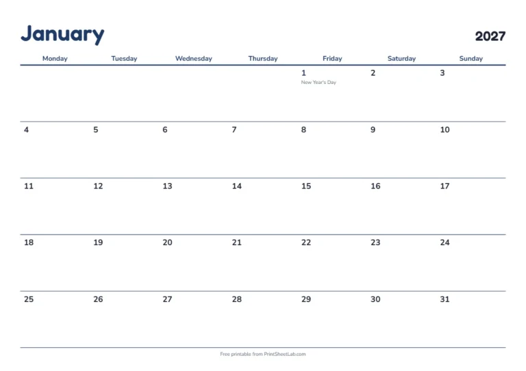 Bank holidays 2027 UK printable calendar with 12 months