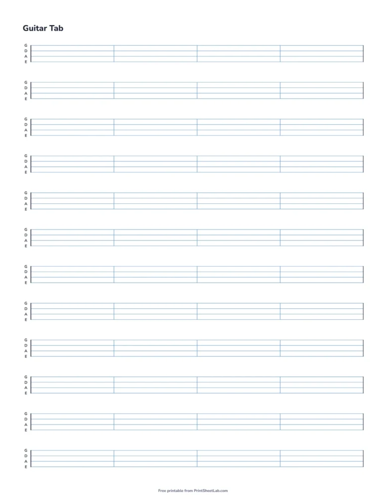 Bass tab paper with 4-string staves in blue