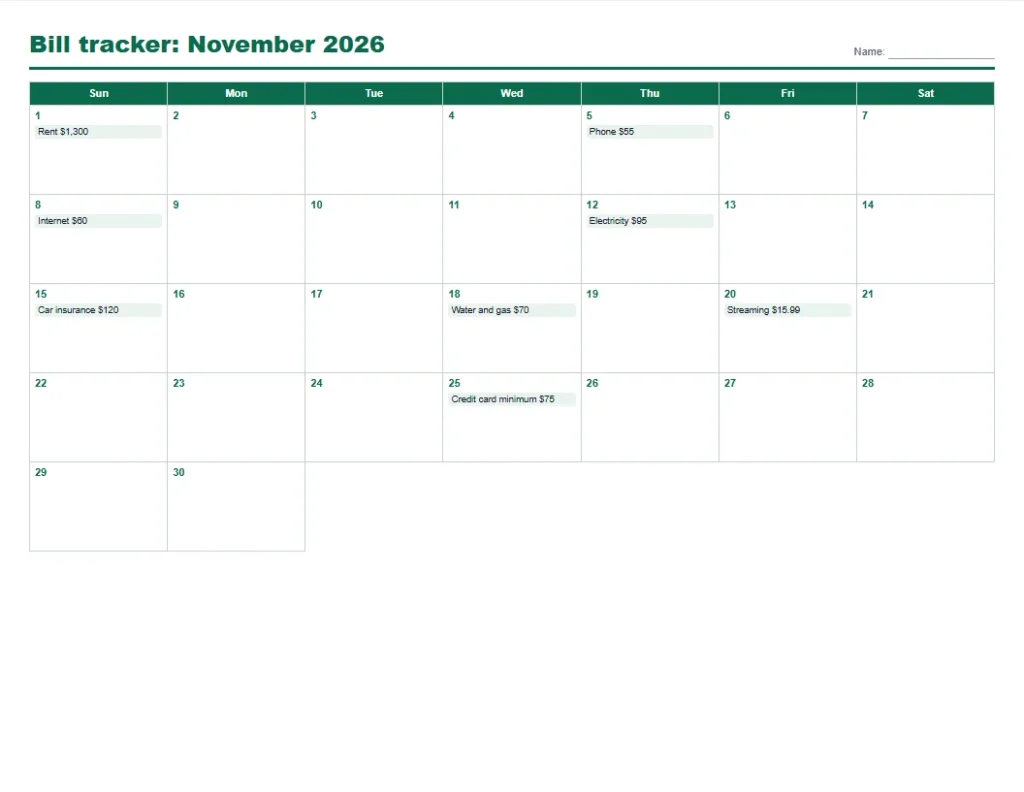 Bill tracker printable calendar for November 2026 with each bill written on its due date