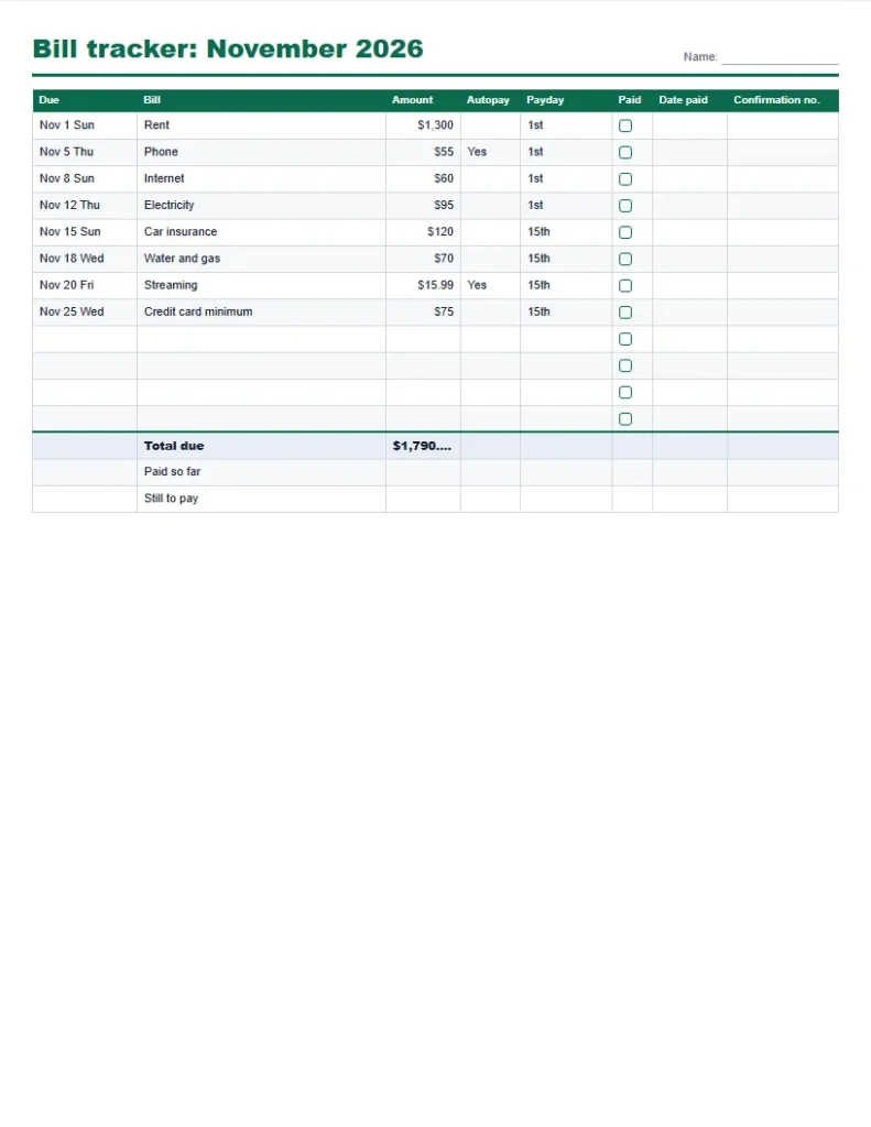 Bill tracker printable monthly checklist for November 2026 with eight bills sorted by due date, the payday that covers each, and a paid box