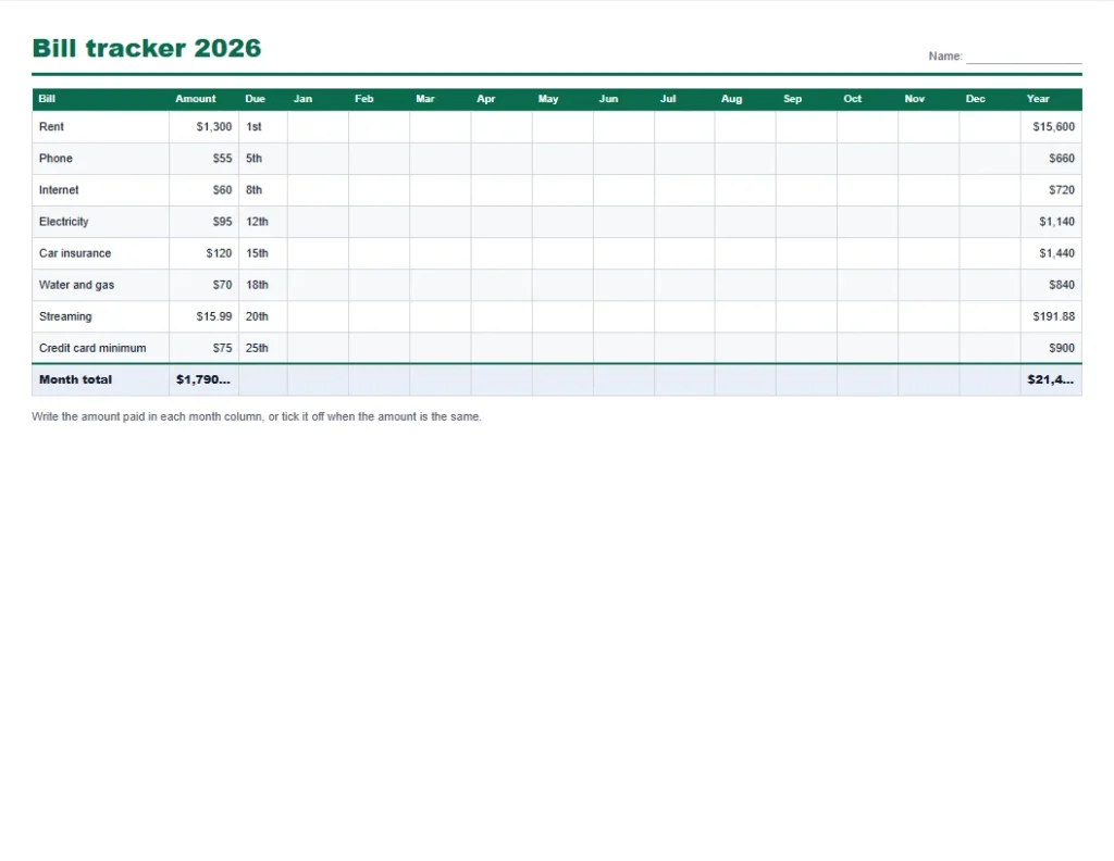 Yearly bill tracker printable grid with a row for each bill, a column for every month and a yearly total