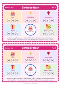Birthday Bash Tambola picture tambola tickets with themed prize sections
