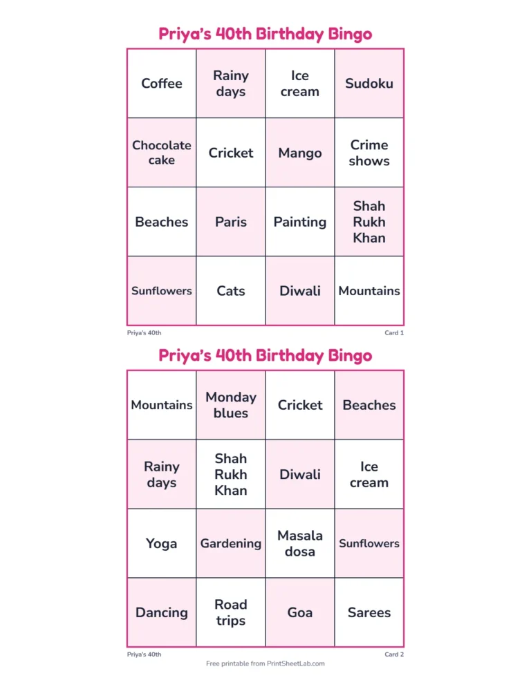 Birthday bingo cards in the quick 4 by 4 size for a short party game