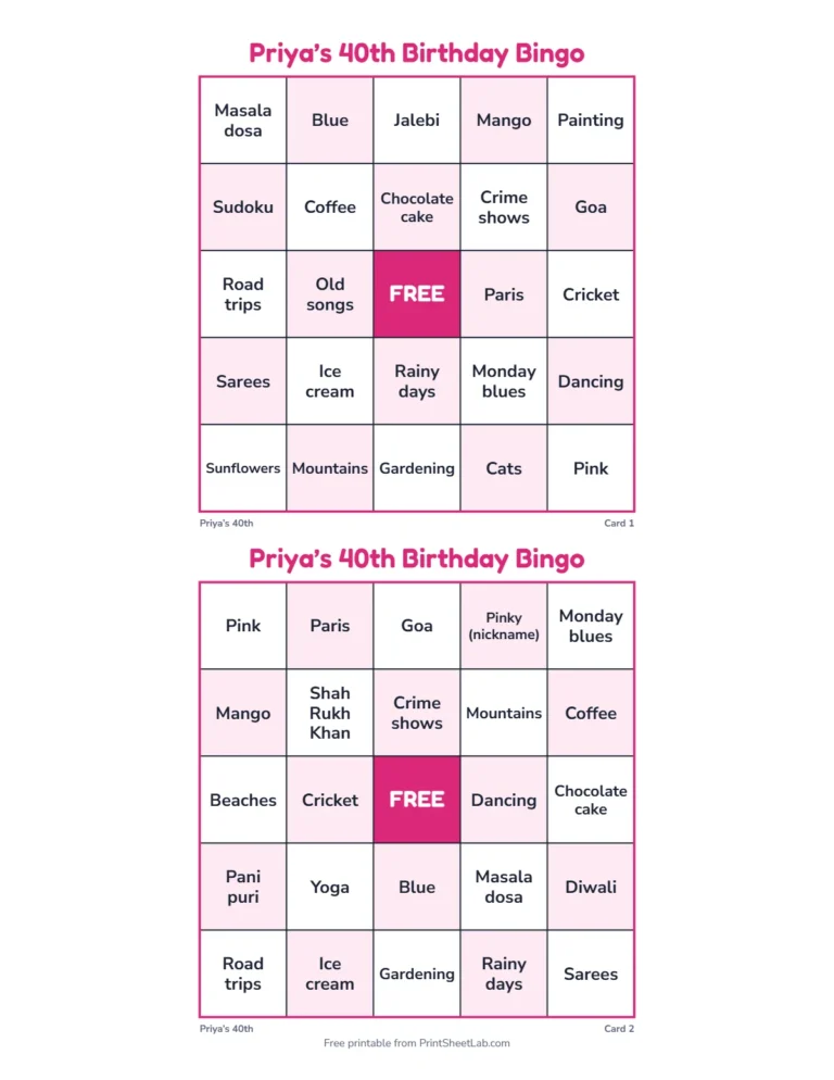 Birthday bingo: printable 5 by 5 cards for Priya’s 40th birthday party