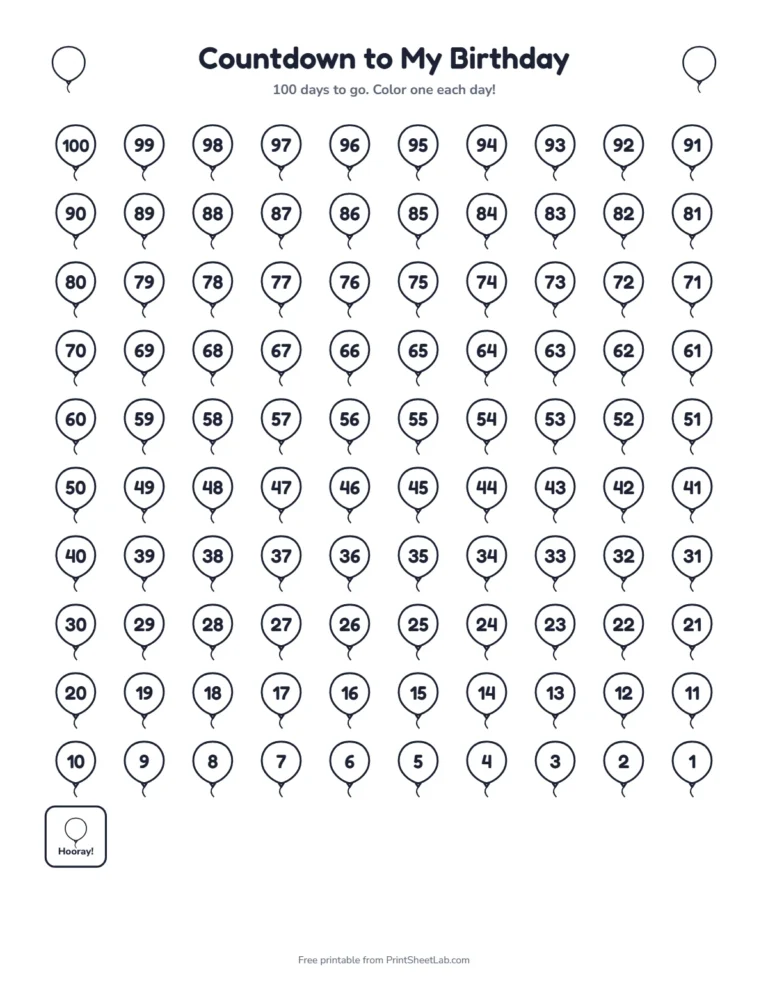 Birthday countdown calendar with 100 balloons to color