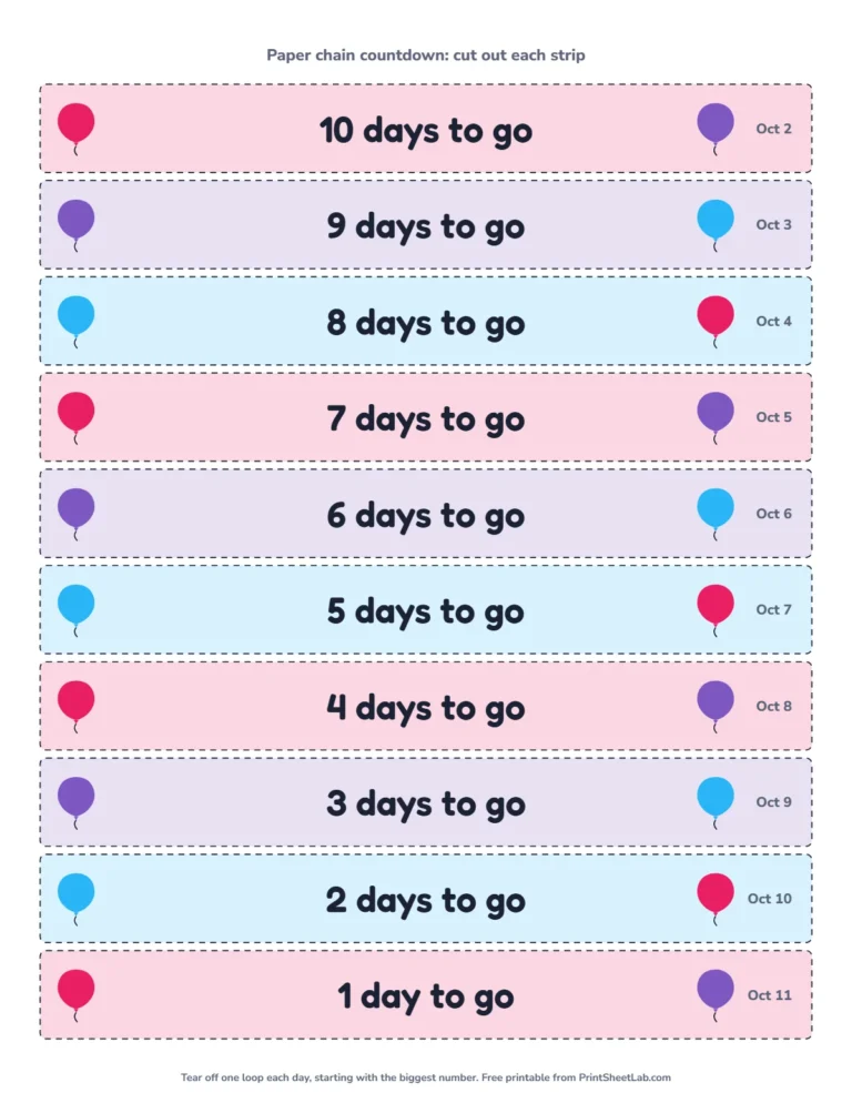 Birthday countdown calendar paper chain with 10 days until birthday