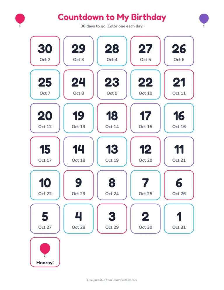 Birthday countdown printable: 30-day color grid with dates