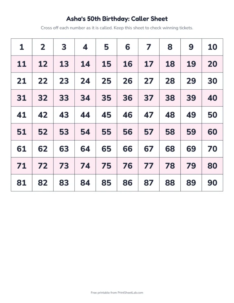 Birthday tambola caller sheet: a 1 to 90 number grid to cross off as you call