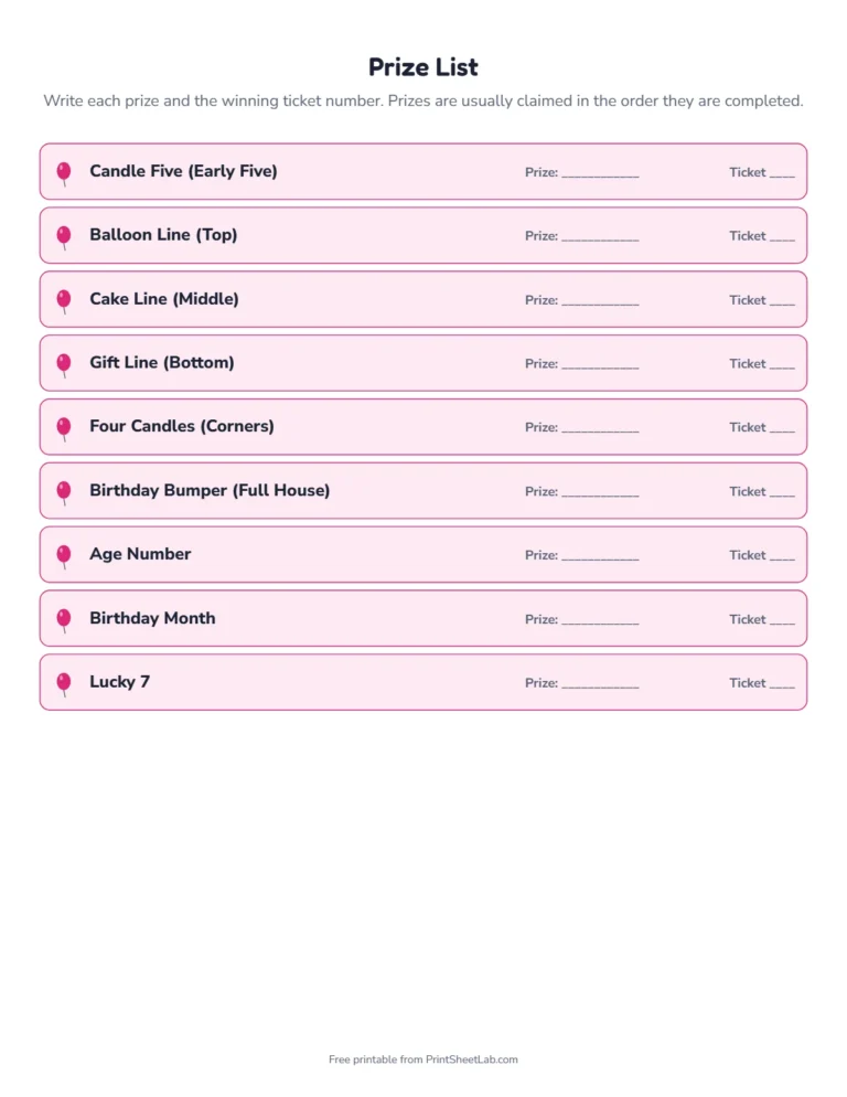 Birthday tambola prize list with themed prize names and space for winners