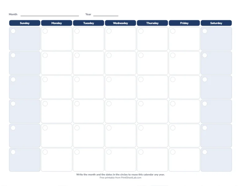 Blank calendar printable with a Sunday start