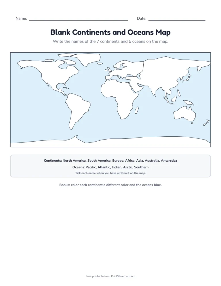 Blank continents and oceans map printable
