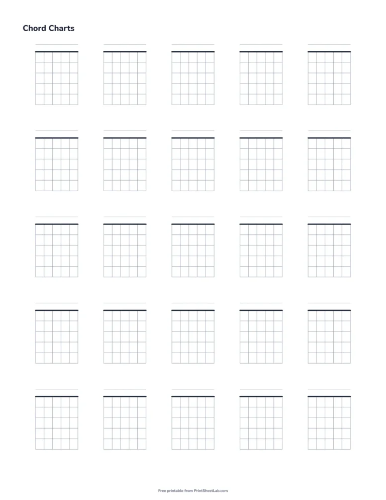 Blank chord charts: printable blank guitar chord chart with 25 chord boxes on a page