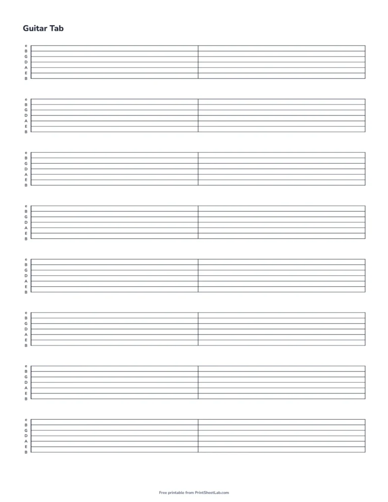 Blank guitar tab for a 7-string guitar with two bars per line