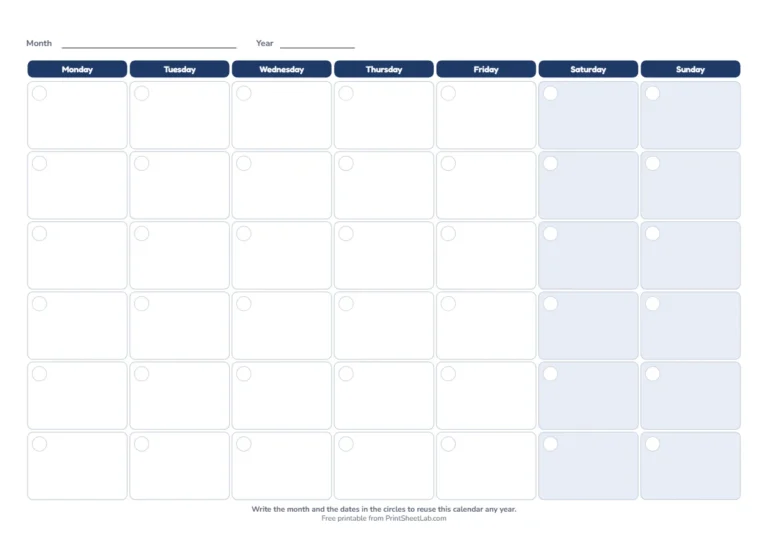 Blank monthly calendar with a Monday start on A4
