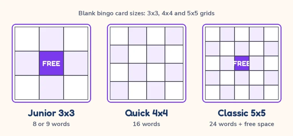 Blank bingo card sizes side by side: a 3x3 grid, a 4x4 grid and a 5x5 grid with a free space