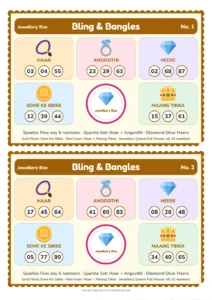 Bling And Bangles Tambola picture tambola tickets with themed prize sections