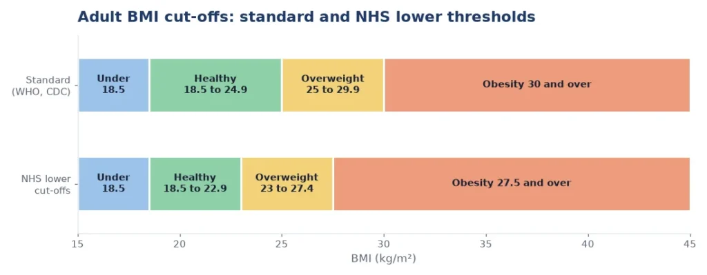 BMI chart comparing standard WHO and CDC cut-offs with the lower NHS cut-offs