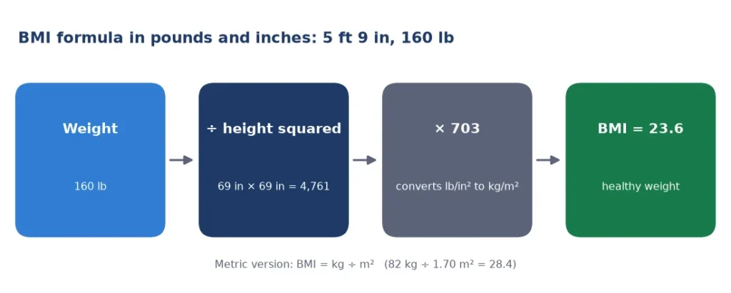 BMI formula diagram: weight divided by height squared, times 703 for pounds and inches