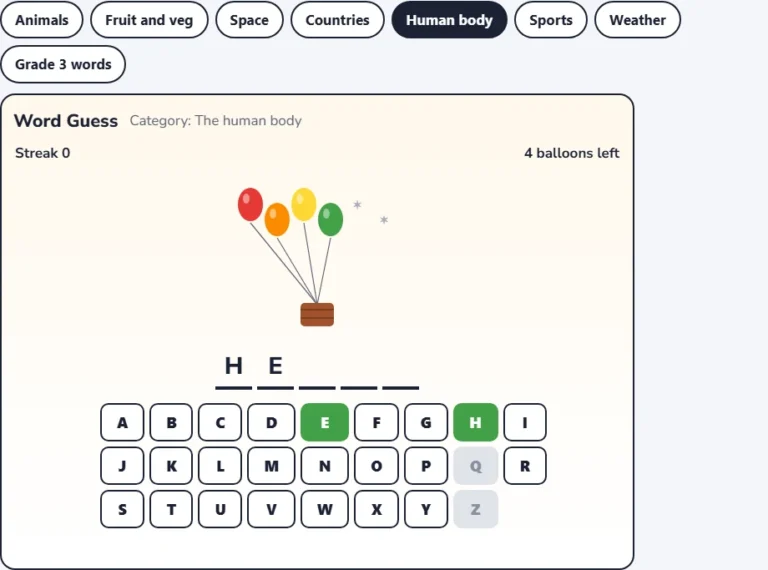 Word guess game for kids: human body hangman in the middle of a round with two balloons popped