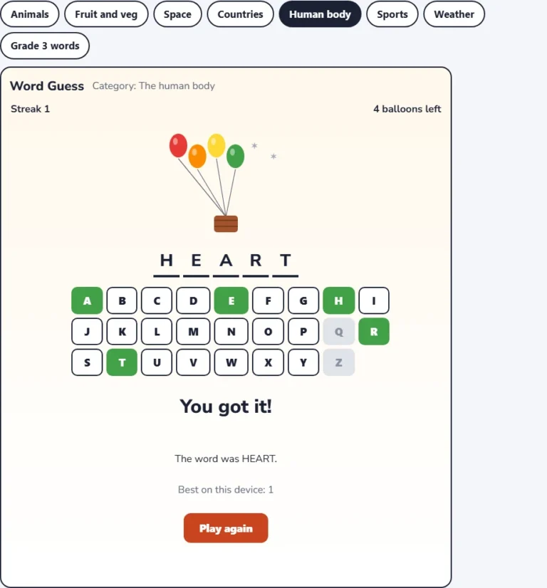 Human body word game win screen showing the guessed word and the streak