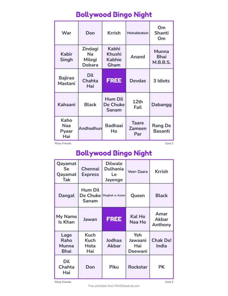Bollywood bingo: printable 5 by 5 cards with famous Hindi film names